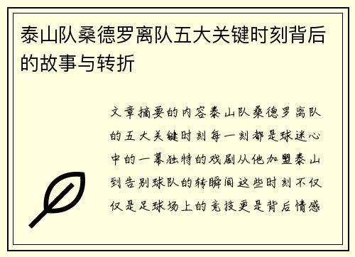 泰山队桑德罗离队五大关键时刻背后的故事与转折